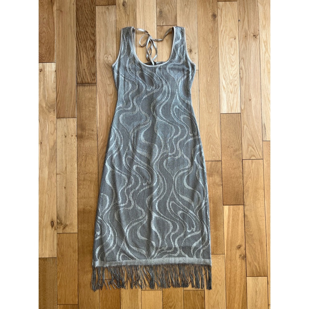 NEW Vintage 90s Gold Fringe Mesh Knit Lined Midi Dress Retro G.A.S. Size Small